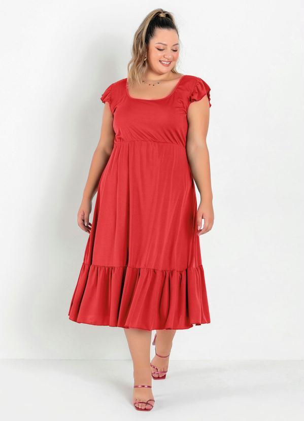 Vestido Midi Laranja com Franzidos Plus Size