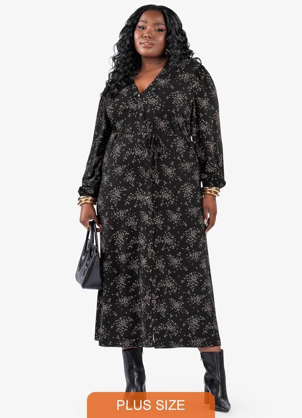 Vestido Midi Manga Longa Plus Size Preto