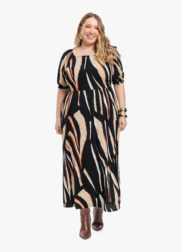 Vestido Midi Plus Size Estampado Viscose Preto