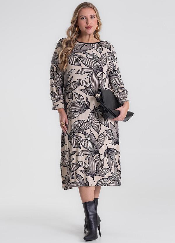 Vestido Midi Plus Size Manga 7/8 Bege