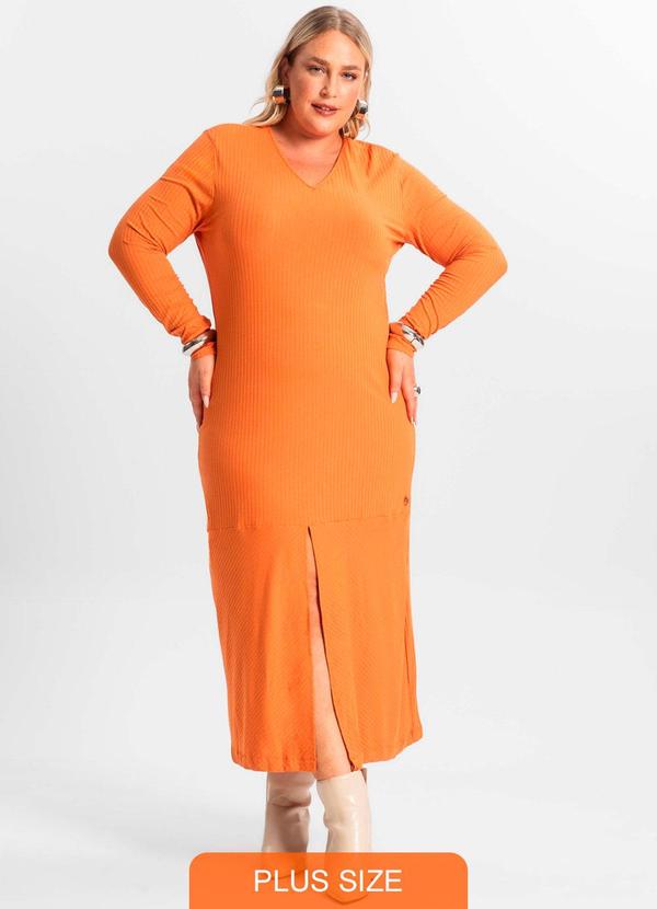 Vestido Midi Plus Size Manga Longa Laranja