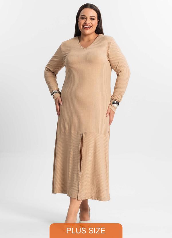 Vestido Midi Plus Size Manga Longa Marrom