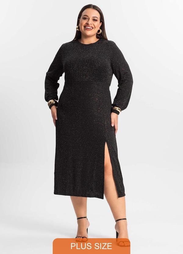 Vestido Midi Plus Size Manga Longa Preto