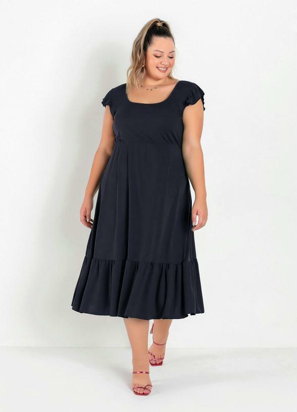 Vestido Midi Preto com Franzidos Plus Size