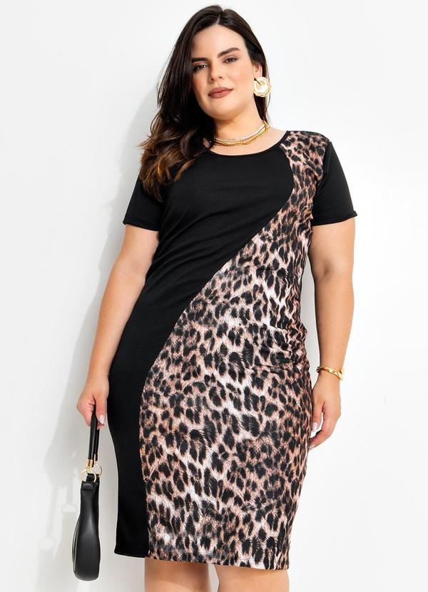 Vestido Midi Preto e Onça Plus Sizeok