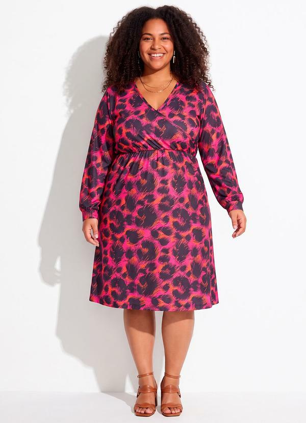 Vestido Onça Malha Crepe Transpassado Plus Size