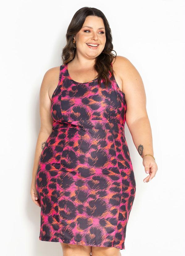 Vestido Onça Pink com Decote Quadrado Plus Size