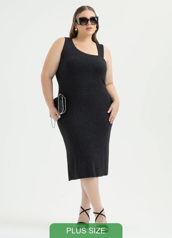 Vestido Plus Size Midi Canelado Preto