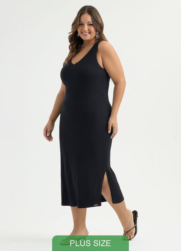 Vestido Plus Size Midi Canelado Preto