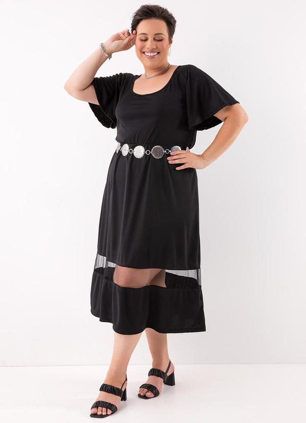 Vestido Preto em Malha de Poliéster e Tule