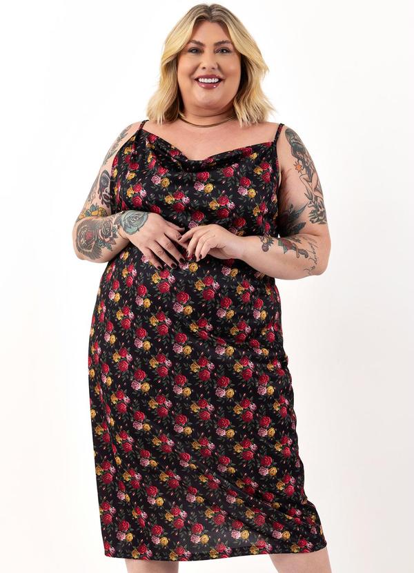 Vestido Rosas Preto em Jersey Acetinado