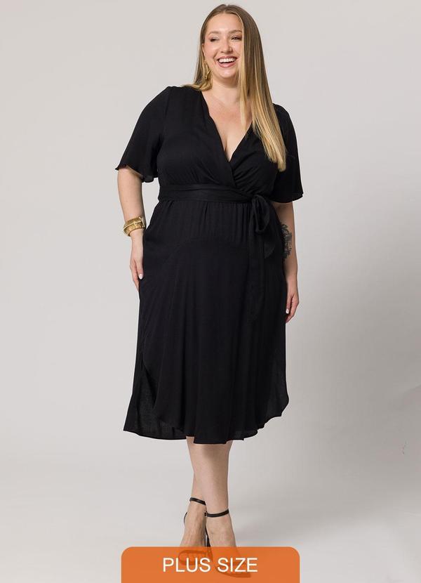 Vestido Transpassado Midi com Faixa Preto