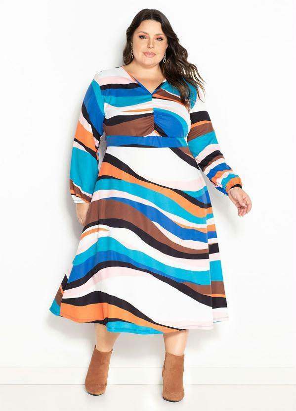 Vestido Zebra Azul com Franzido Plus Size