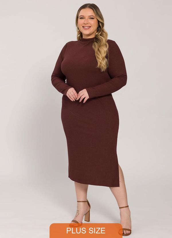 Vestido Midi Canelado de Manga Longa Marrom