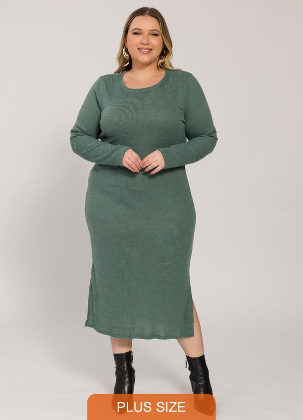 Vestido Midi Canelado de Manga Longa Verde