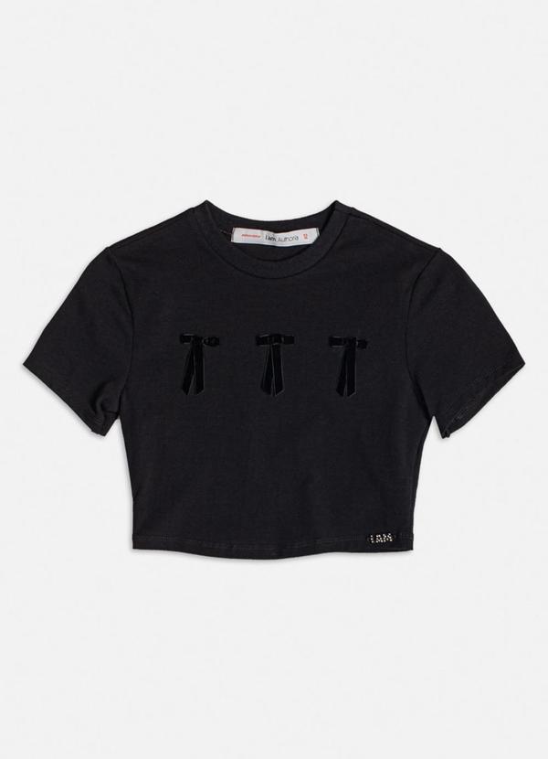 Baby Tee Preta com Laços de Veludo Preto