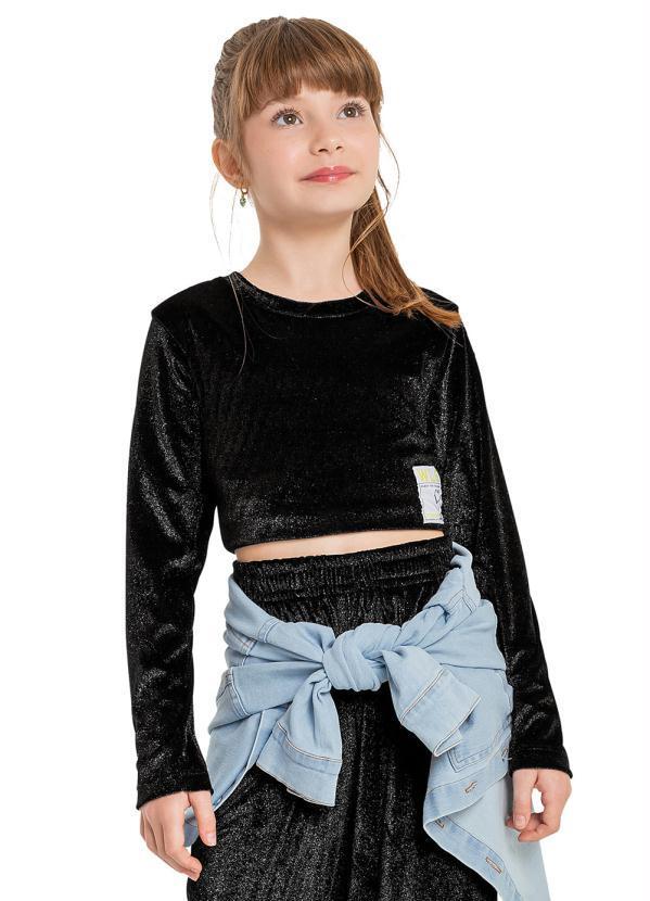 Vista 2 Blusa Cropped Infantil em Malha Veludo Preto Gloss Gloss