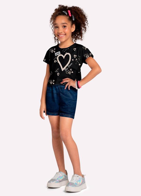 Blusa Cropped Infantil Menina Corações Preto