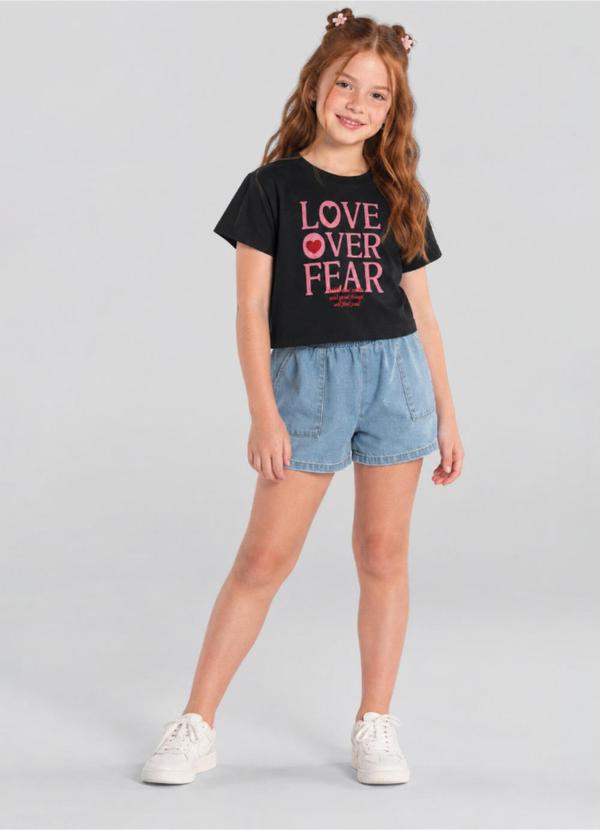 Blusa Cropped Teen Menina com Glitter Preto