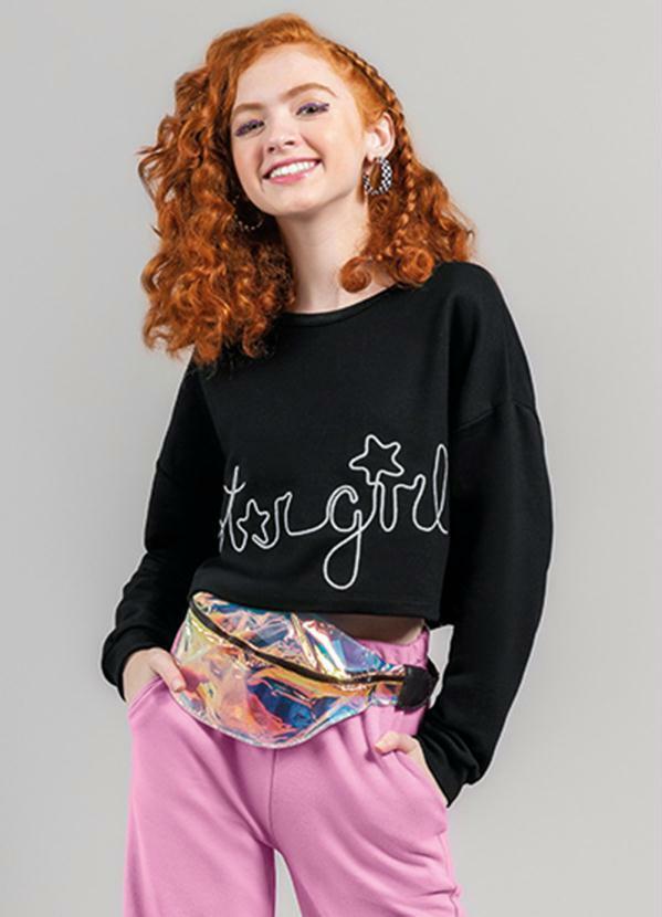 Vista 2 Blusa Cropped Teen Menina em Moletinho Preto Young Class Young Class