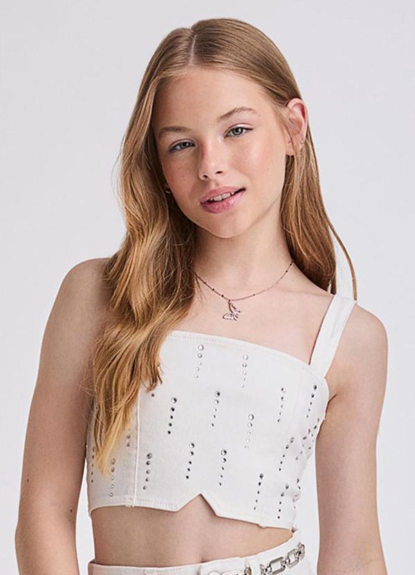 Cropped de Sarja Off White com Strass Off White