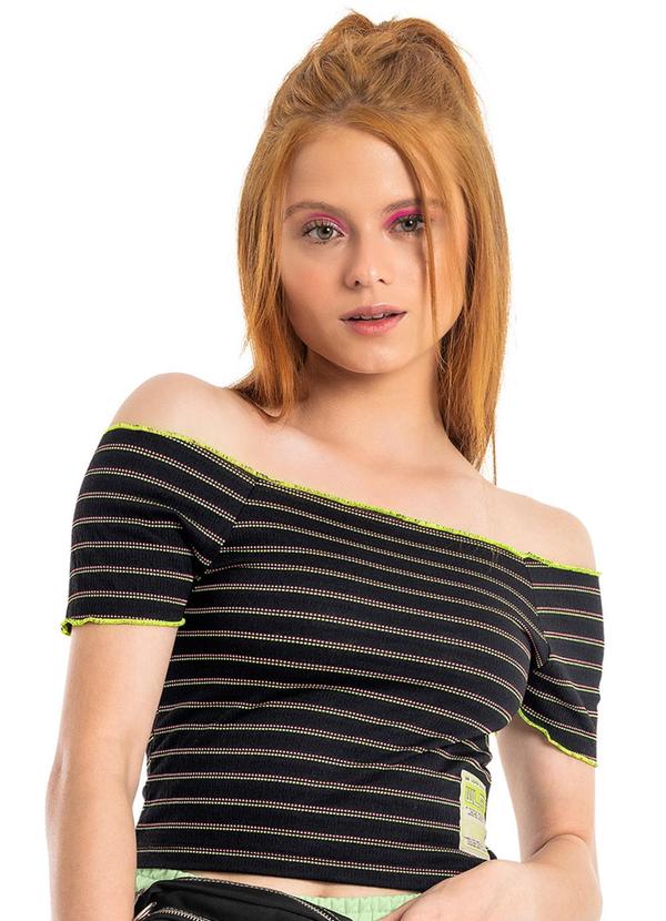 Vista 2 Top Cropped Juvenil em Malha Lastex Preto Gloss Gloss