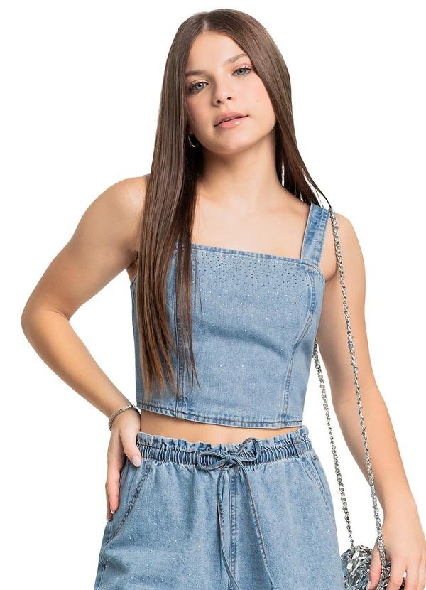 Top Juvenil em Jeans com Strass Azul