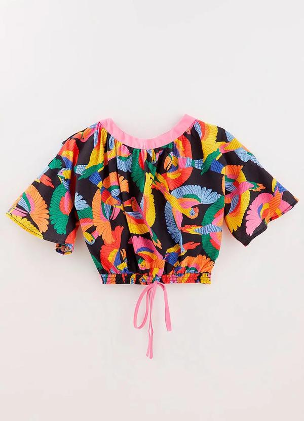 Vista 2 Blusa 100% Algodão Estampada Revoada Preto Fabula Fabula