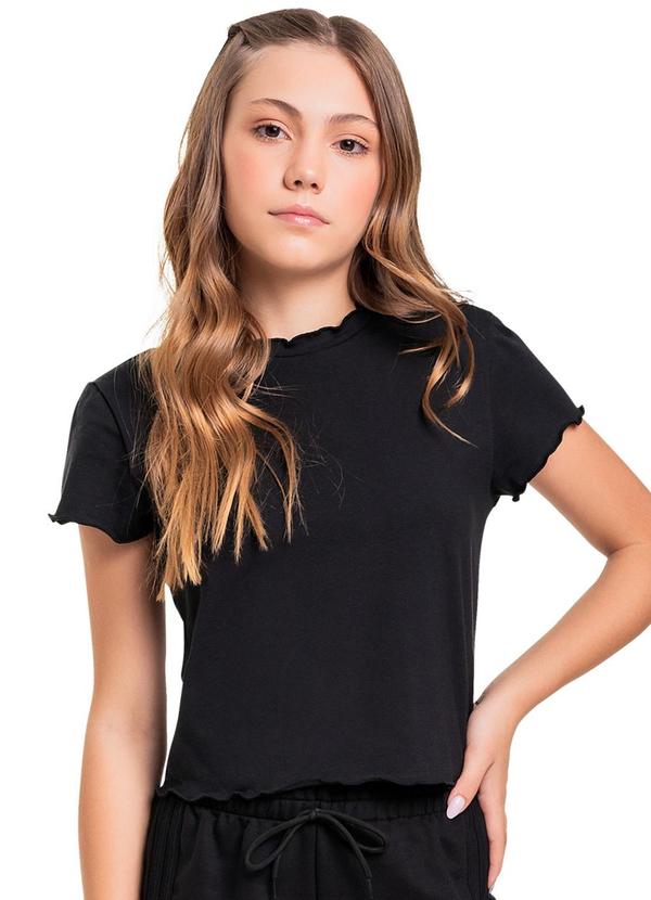 Vista 2 Blusa Baby Look em Cotton Juvenil Preto Gloss Gloss