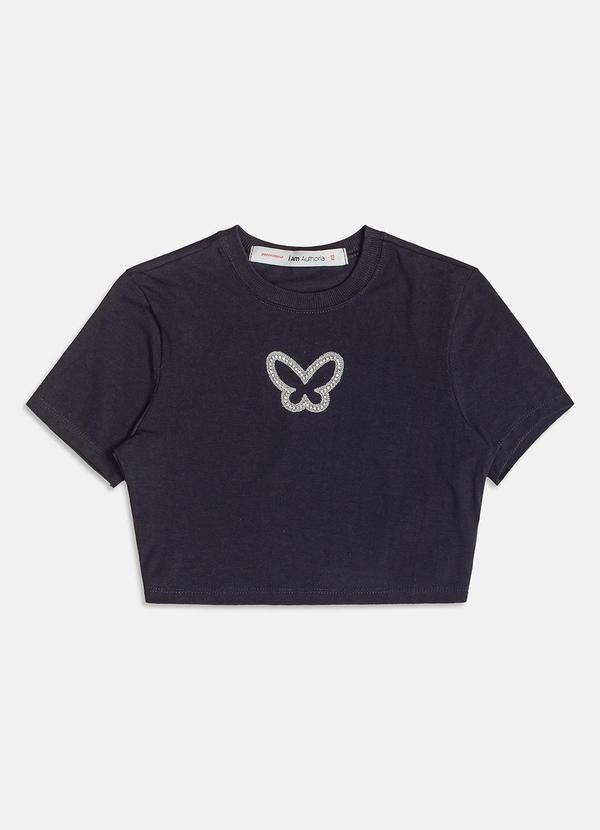 Blusa Baby Tee de Borboleta com Strass Preto