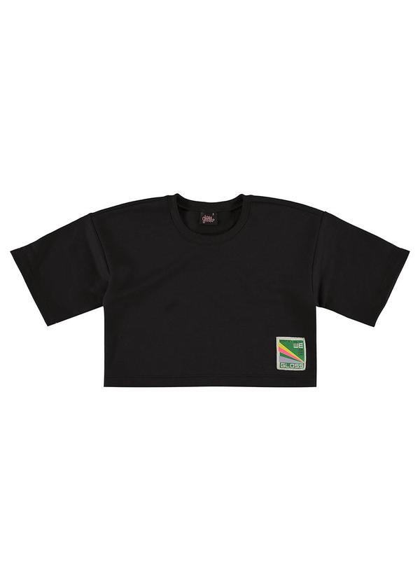 Vista 2 Blusa Básica Cropped em Moletom Preto Gloss Gloss