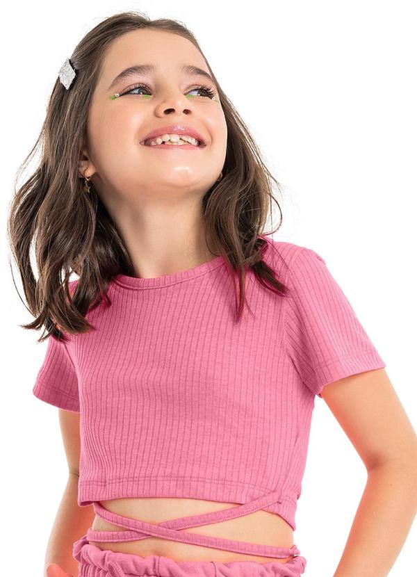 Vista 2 Blusa Básica Cropped em Ribana Rosa Pink Gloss Gloss