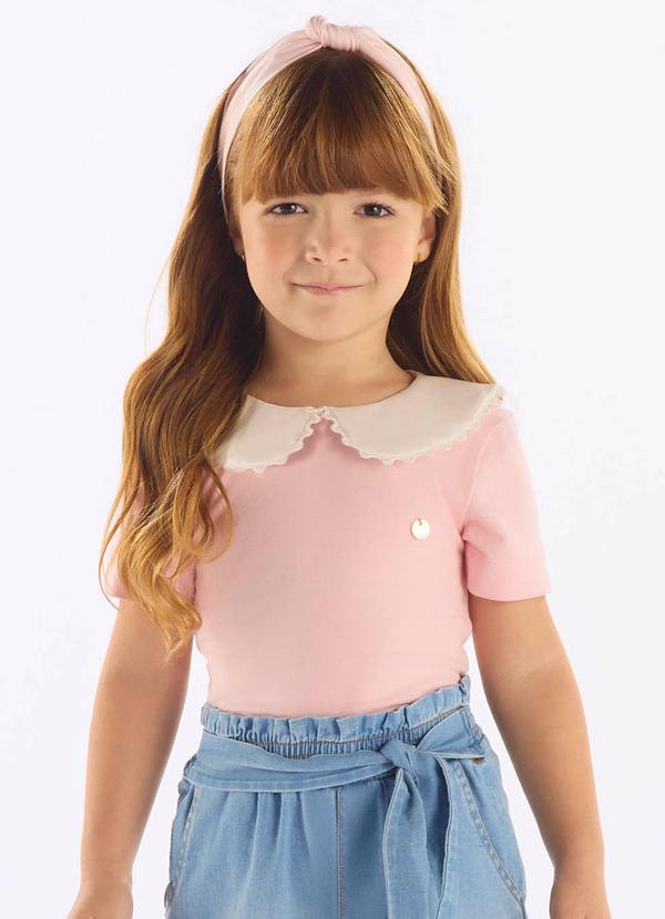 Blusa Cotton com Gola Boneca Rosa