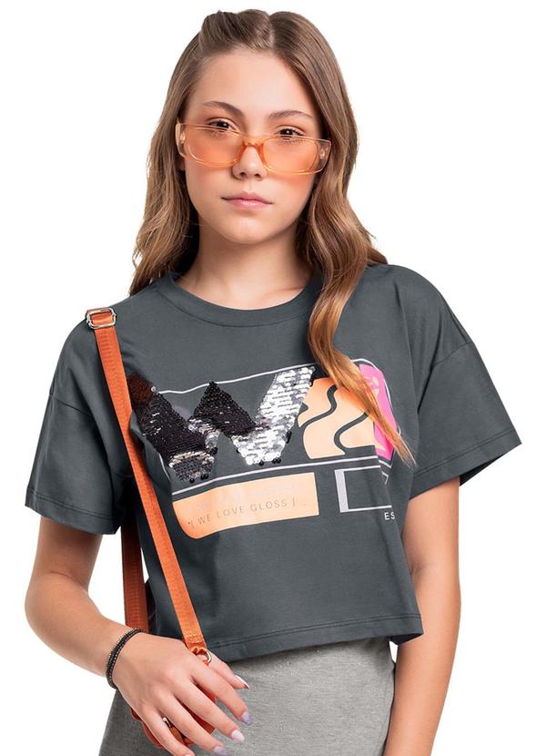 Vista 2 Blusa Cropped em Meia Malha Juvenil Cinza Gloss Gloss