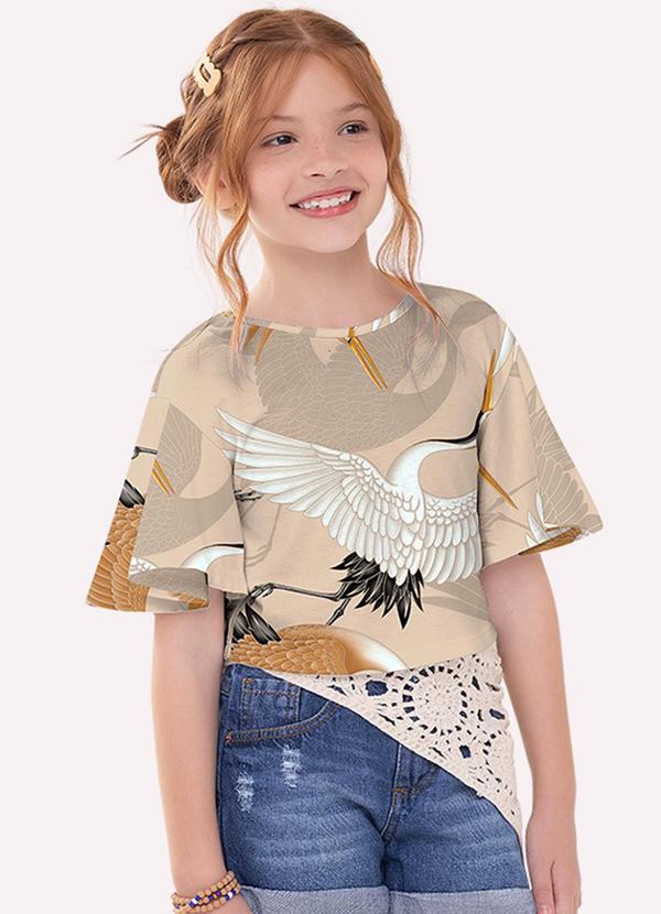 Blusa Cropped Infantil Menina Aves Bege