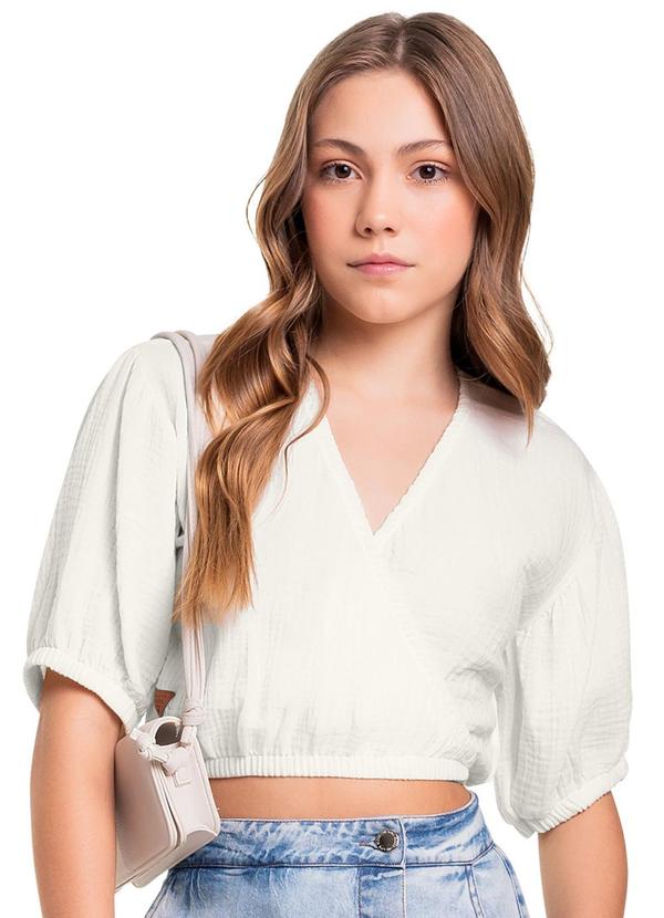 Vista 2 Blusa Cropped Manga Curta Juvenil Bege Gloss Gloss