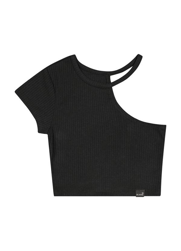 Vista 2 Blusa Cropped Ribana Canelada Juvenil Preto Gloss Gloss