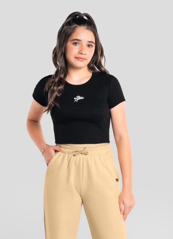 Blusa Cropped Teen Menina em Ribana Preto