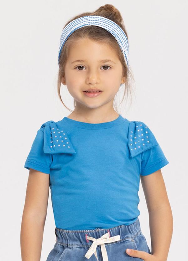 Blusa de Mangas Curtas com Laços e Strass Azul