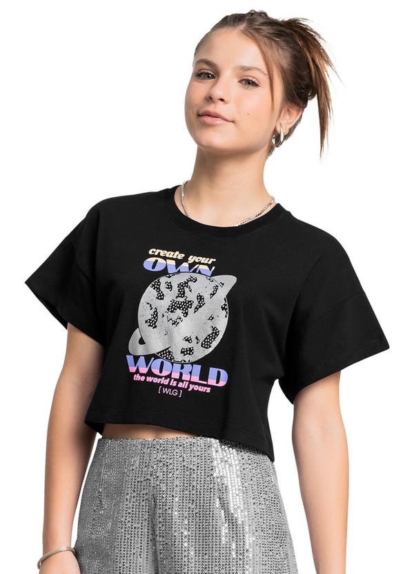 Blusa em Algodão Juvenil Manga Curta Preto