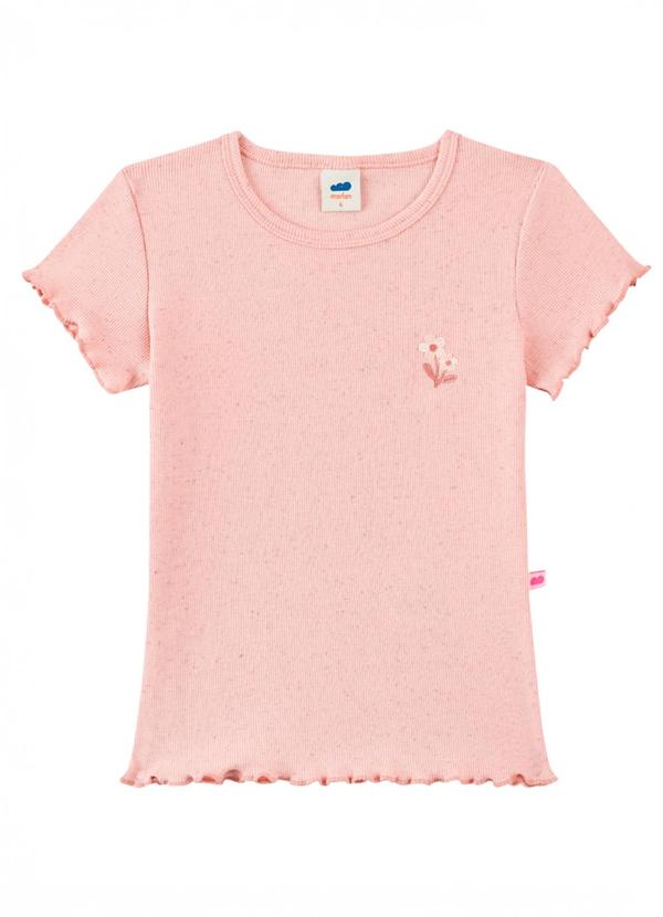 Blusa em Malha Canelada com Bordado Floral Rosa