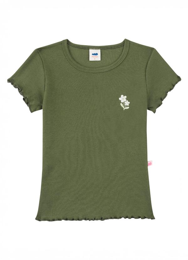Blusa em Malha Canelada com Bordado Floral Verde