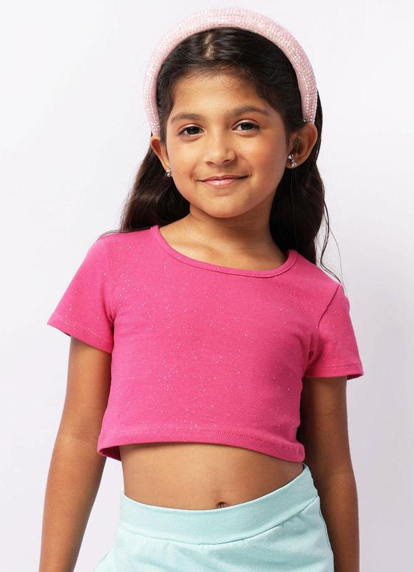 Blusa Infantil Cropped Manga Curta Glitter Rosa