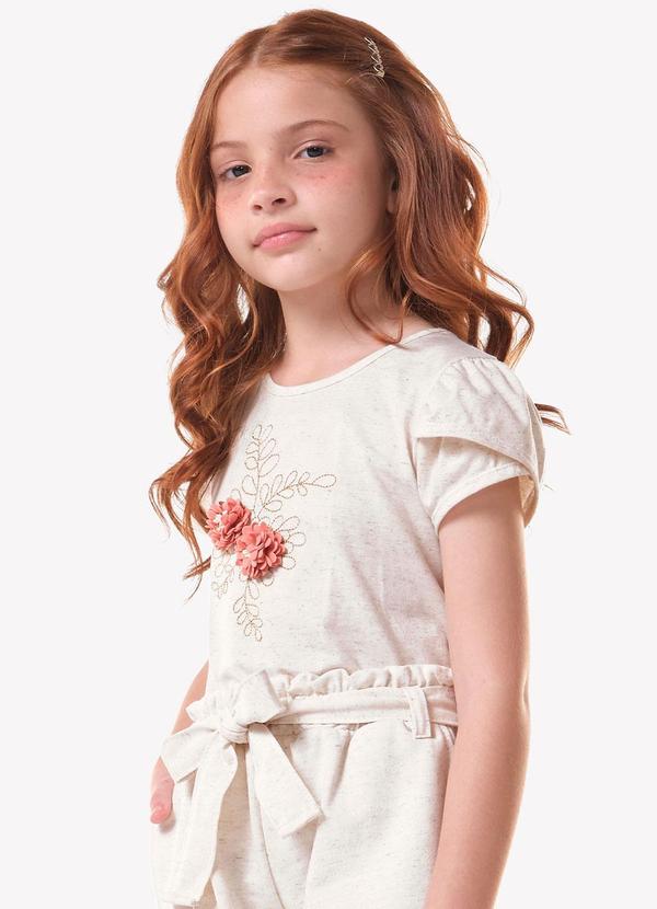 Blusa Infantil Meia Malha com Bordado Bege