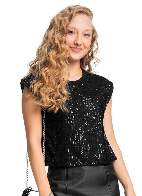 Blusa Juvenil em Algodão e Paetê Preto