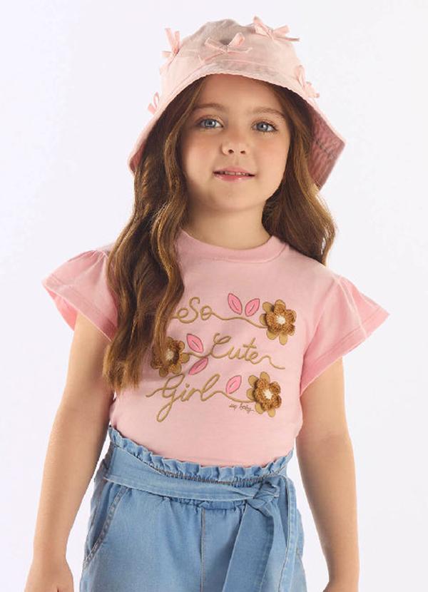 Blusa Manga Curta Infantil Algodão Rosa