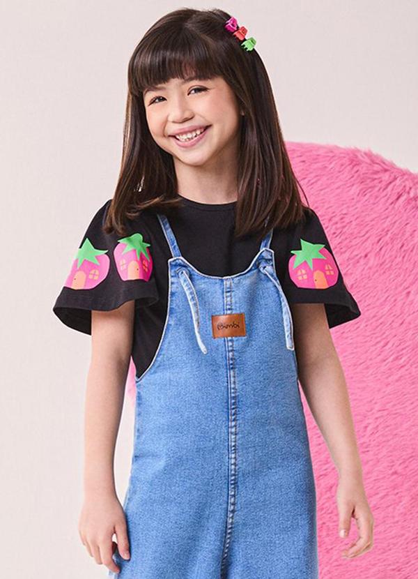 Blusa Menina com Manga Evasê Estampada Preto