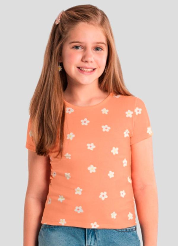 Vista 2 Blusa Menina de Flores em Meia Malha Laranja Brandili Brandili