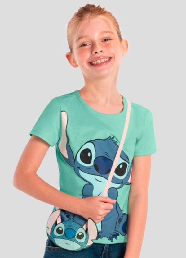 Vista 2 Blusa Menina do Stitch com Bolsinha Azul Brandili Brandili