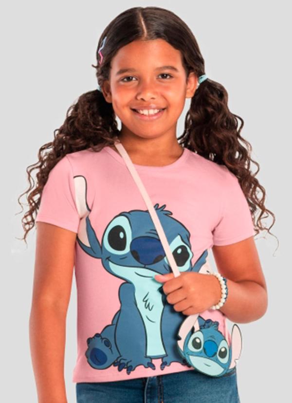 Vista 2 Blusa Menina do Stitch com Bolsinha Rosa Brandili Brandili